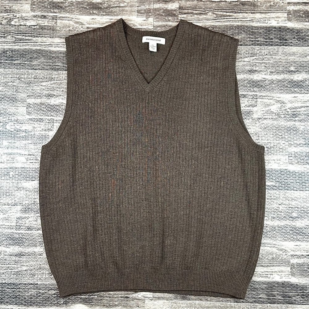 Pronto Uomo Men's sz XL 100% Merino Wool Brown V-Neck Ribbed Knit Sweater Vest